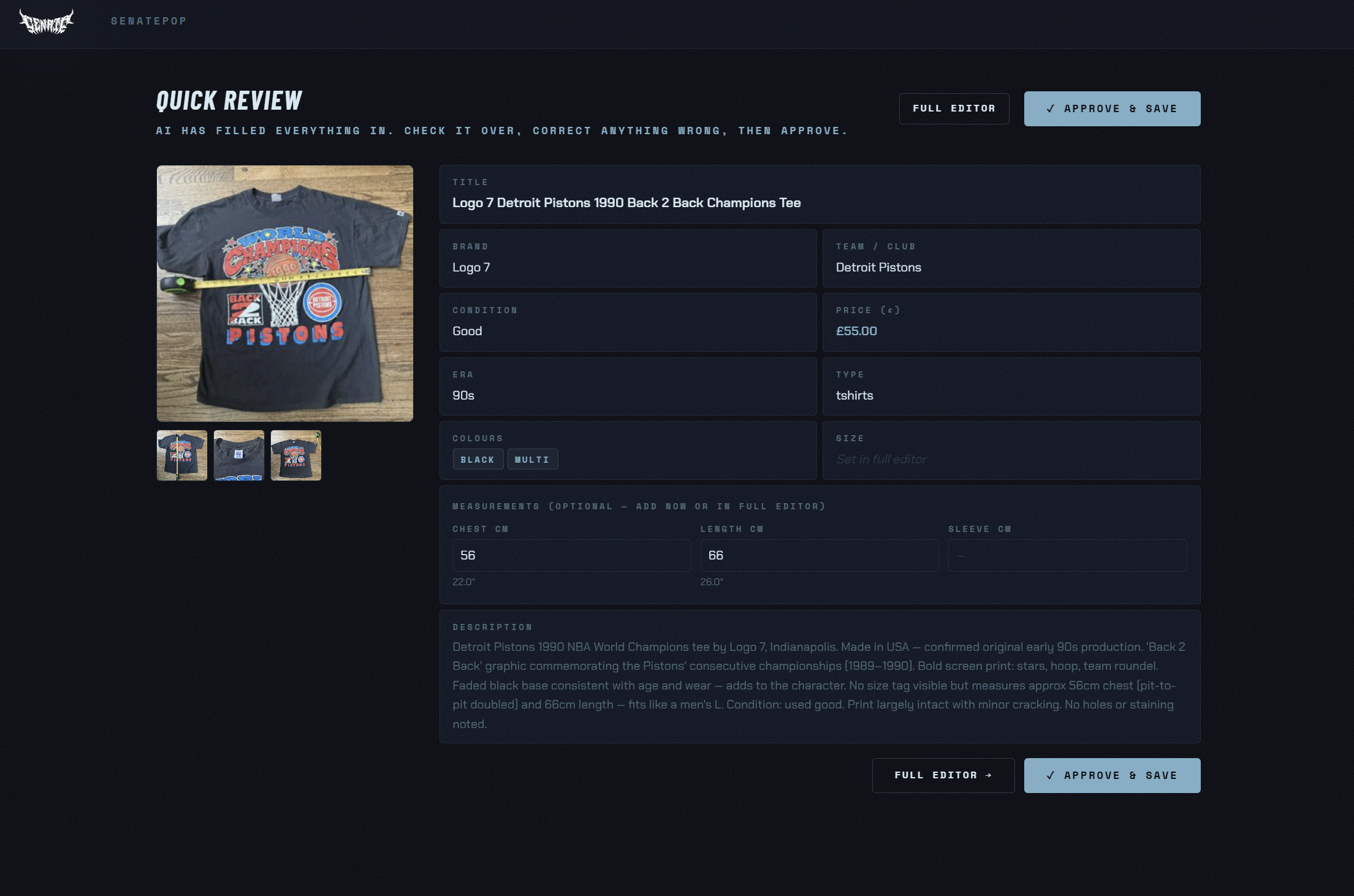 SenatePop Quick Review screen — AI-filled listing form showing a Detroit Pistons tee with photo, fields, measurements, and generated description